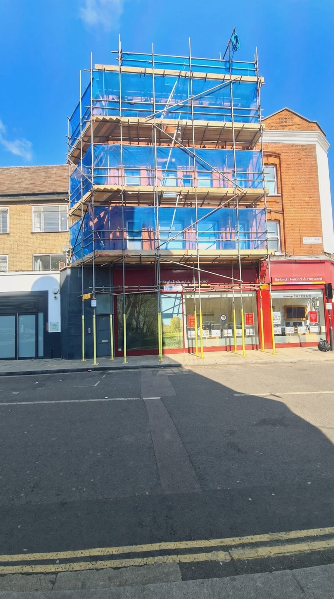High street commercial refurbishment scaffolding front elevation London